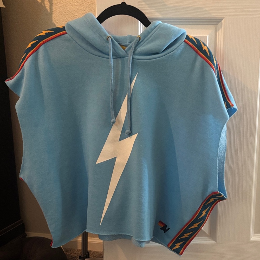 Aviator Nation Sky Blue Hoodie with White Lightning and Colorful Trim